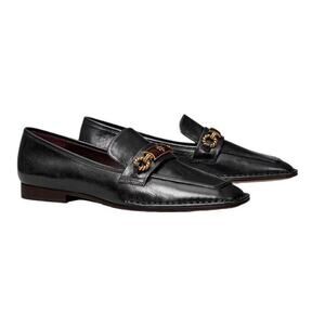 Tory Burch Size 9.5 Perrine Loafer Shoes Square Toe Logo‎ Leather Perfect Black